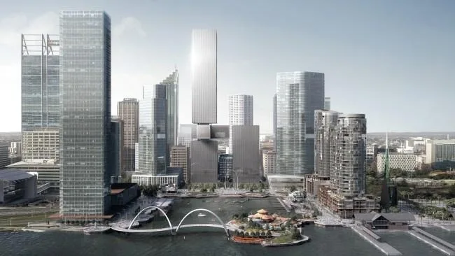 Perth's Elizabeth Quay development showcases taller skyscrapers, a modern architectural skyline, and waterfront views. Urban development, Perth.