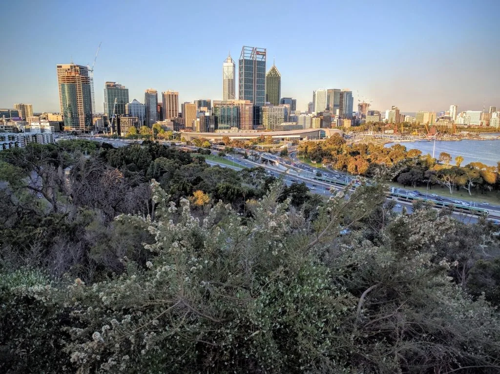 Perth city skyline view from Kings Park, Western Australia. Features cityscape, river, trees, and highway with car traffic.