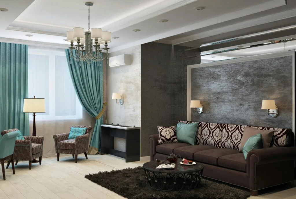 Premium living room furniture package in Perth, featuring a brown sofa, armchairs, chandelier, and teal accents.