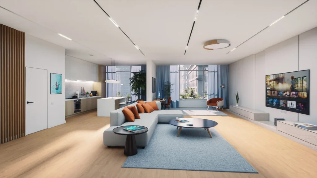 Modern living room showcasing a whole house furniture package: sofa, rug, TV, and kitchen. Interior design for home.